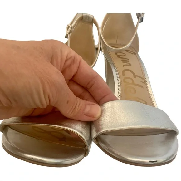 SAM EDELMAN Yaro Block Heel 4” Leather Sandal Silver Shimmer Metallic Size 8.5 - Picture 14 of 14